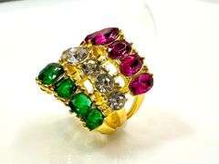 14 Kt. Yellow Gold Plate 12.5  Ctw Simulated Diamond, Pink Ruby and Emerald Ring