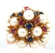 12kt Yellow gold pearl and multi gemstone cluster dome ring