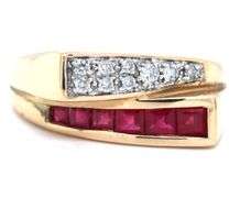 14kt Yellow gold square ruby and diamond bypass ring
