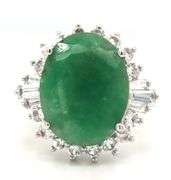 Sparkling 8.63CTS Oval Faceted Emerald & 1.11CTW White Sapphire Ring in Sterling Silver