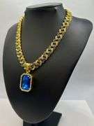 Dazzling 14 K Yellow Gold Plate Simulated Blue Tanzanite Chain Pendant Necklace