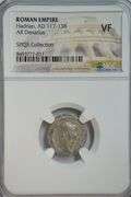 Very Scarce Roman Silver Denarius of Emperor Hardrian, 117-138 AD. NGC VF
