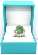 Fantastic Large 11.36CTS Oval Cabochon-Cut Natural Emerald & 1.14CTW Round & Baguette White Sapphire