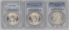 3 Near Gem BU PCGS MS64 graded Silver Dollars 1921 to 1923