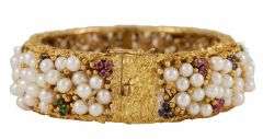 Vintage Pearl and Multi Gemstone Hammered Bangle Bracelet in 12K