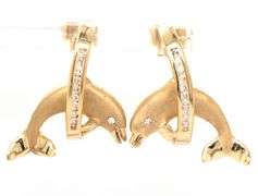 14kt Yellow gold 0.35ctw diamond dolphin jumping through hoop earrings