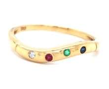18kt Yellow gold Scatter ruby, sapphire, emerald and diamond curved band