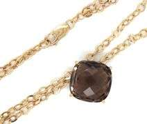 14kt Yellow gold Cushion smokey quartz pendant on 2 row cable chain necklace