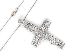 14kt White gold 7.35ctw baguette and round cut diamond cross pendant