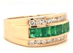 14kt Yellow gold emerald and diamond three row ring