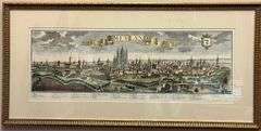 Antique “MEYLAND” Panoramic City View Engraving Hand Colored European Landscape Print, Framed