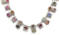 Breathtaking 25.00CTW Oval Cabochon -Cut Multi-Colored Tourmaline & 4.5CTW Diamond Necklace in 14K W