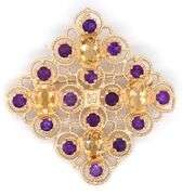 14kt Yellow gold round amethyst and oval citrine and diamond Filigree square brooch