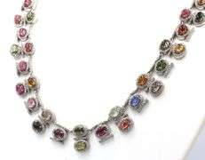 Breathtaking 25.00CTW Oval Cabochon -Cut Multi-Colored Tourmaline & 4.5CTW Diamond Necklace in 14K W