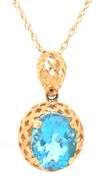 Attractive 14K YG Blue Topaz Pendant on a Necklace