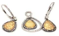 Stylish 14K W&Y Earring & Pendant Suite with Diamonds