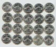 Blazing-white BU Roll of 20 1963 silver Franklin Half Dollars
