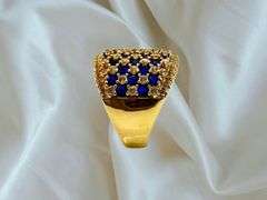 14 Kt Yellow Gold Plate 5.75 Cttw Simulated Diamond Midnight Blue Sapphire Ring