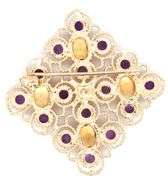 14kt Yellow gold round amethyst and oval citrine and diamond Filigree square brooch
