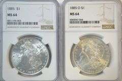 Super white near Gem BU 1885 & 1885-O Morgan Silver Dollars. NGC MS64