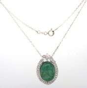 Awesome 5.25CTS Oval Cabochon-Cut Natural Emerald & 2.15CTW White Sapphire Pendant 18-Inch Necklace 