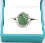 Fantastic Large 11.36CTS Oval Cabochon-Cut Natural Emerald & 1.14CTW Round & Baguette White Sapphire