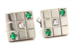 18kt White gold diamond and emerald Geomatric square stud earrings
