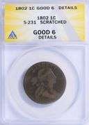 1802 Draped Bust Large Cent S-231 ANACS G-06 Details Early U.S. Copper Sheldon Variety