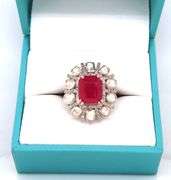 Charming 5.25CTS Emerald Cut Ruby & Diamond Halo Adjustable Ring in Sterling Silver