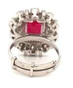 Charming 5.25CTS Emerald Cut Ruby & Diamond Halo Adjustable Ring in Sterling Silver
