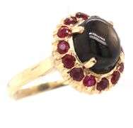 10kt Yellow gold black star sapphire and ruby halo vintage style ring