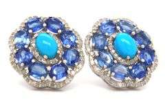 Adorable Pair of Cabochon-Cut Turquoise, Faceted Kyanite & Diamond Flower Style Earrings in Sterling