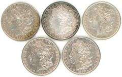 5 Upper end different Morgan Silver Dollars 1885 to 1898