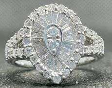 STUNNING 2.00 CARATS T.W. TEARDROP RIGHT HAND RING WITH BAGUETTES IN 14K WHITE GOLD