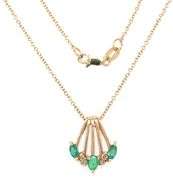 14kt Yellow gold marquise and pear shaped emerald and diamond fan pendant on chain and matching earr