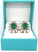 Adorable 4.22CTW Faceted Lab Emerald & Diamond Earrings in Sterling Silver