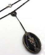 Vintage 925 sterling silver black onyx photo locket pendant lariat necklace