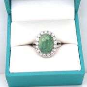 Enamoring 7.44CTW Oval Cabochon-Cut Natural Emerald & 1.39CTW White Sapphire Halo Ring in Sterling S