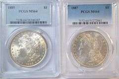 Super white near Gem BU 1885 & 1887 Morgan Silver Dollars. PCGS MS64