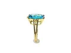 Breathtaking 14 kt Yellow Gold Plate 6.5 Ct Emerald Cut Simulated Swiss Blue Topaz Ring