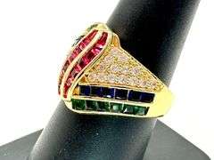 14 Kt Yellow Gold Plated 4.75 Ctw Simulated Diamond, Ruby , Blue Sapphire and Emerald Ring