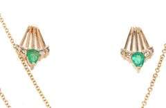 14kt Yellow gold marquise and pear shaped emerald and diamond fan pendant on chain and matching earr