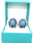 Adorable Pair of Cabochon-Cut Turquoise, Faceted Kyanite & Diamond Flower Style Earrings in Sterling