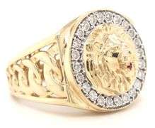 14kt Yellow gold Illusion set diamond halo lion ring with ruby