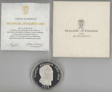 Gem Cameo Proof Large 1974 Panama 20 Balboas Silver Piece. Box/COA