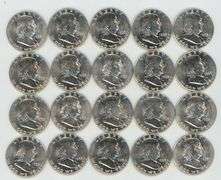 Blazing-white BU Roll of 20 1963 silver Franklin Half Dollars