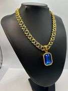Dazzling 14 K Yellow Gold Plate Simulated Blue Tanzanite Chain Pendant Necklace