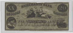 $20 Merchants Bank of South Carolina Obsolete Note – Large XX – Civil War Era Currency