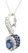 14kt White gold blue sapphire and diamond halo and sapphire under halo enhancer pendant on chain