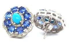 Adorable Pair of Cabochon-Cut Turquoise, Faceted Kyanite & Diamond Flower Style Earrings in Sterling